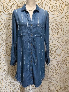 Denim Button-Front Shirt Dress with White Heart Print